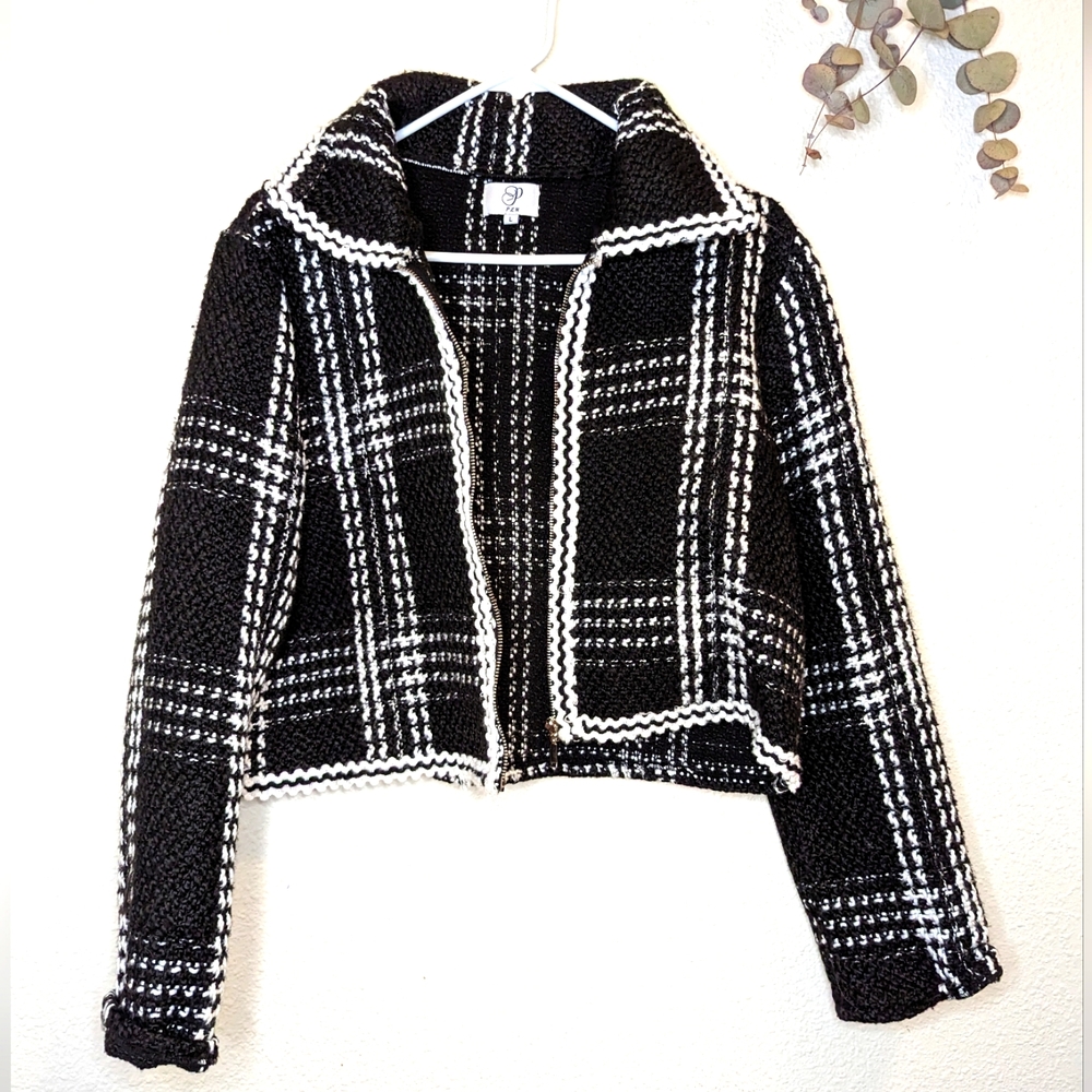 PLM Tweed Cropped Zip Up White and Black Jacket